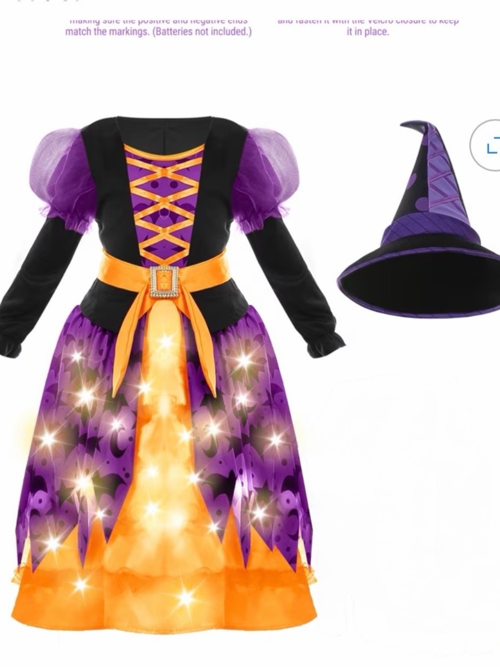 Girls Purple and Orange Light-Up Witch Costume Dress with Hat 3T